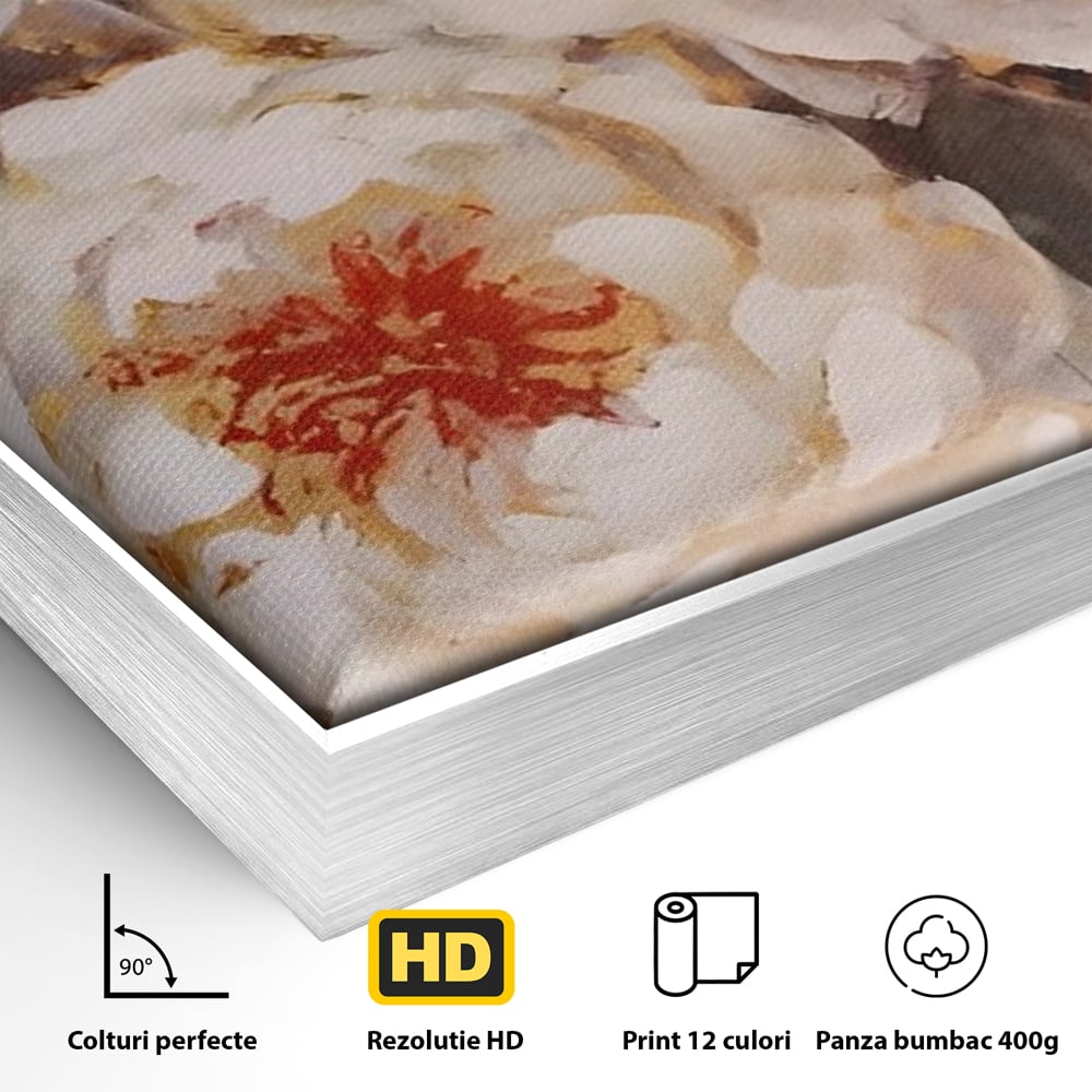 Detaliu al suprafetei: tablou canvas cu bujori albi pictati, in rama de aluminiu argintiu